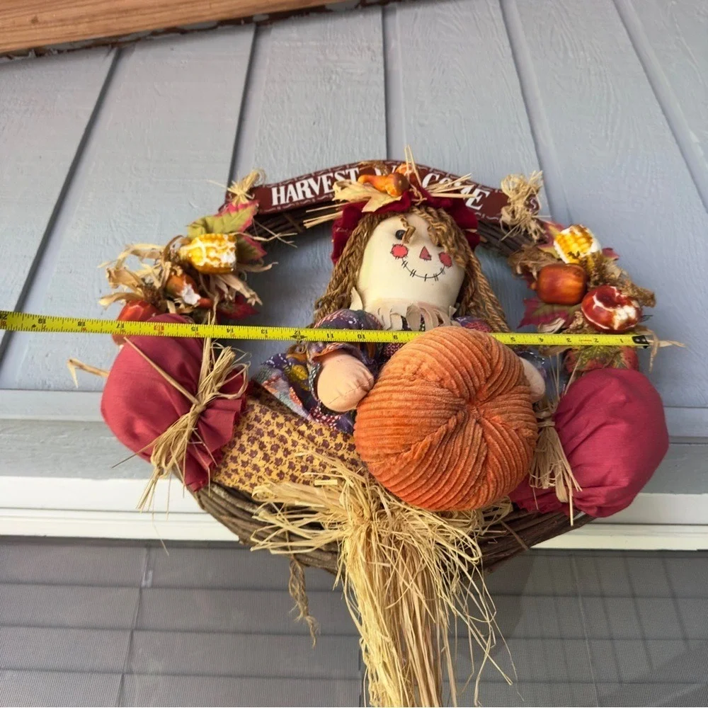 Harvest Welcome Scarecrow Wreath Thanksgiving Orange Autumn Fall Leaves Vintage